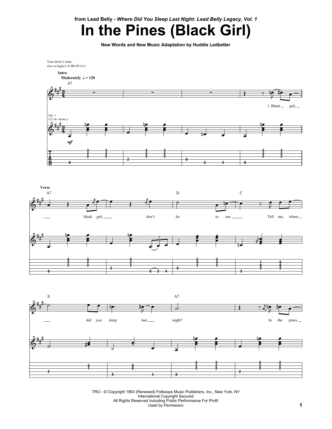 Download Huddie Ledbetter In The Pines (Black Girl) Sheet Music and learn how to play Guitar Tab PDF digital score in minutes