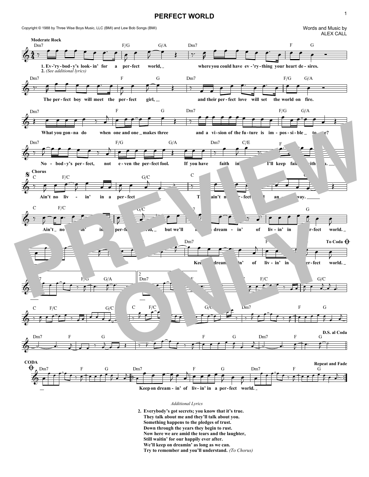 Download Huey Lewis & The News Perfect World Sheet Music and learn how to play Lead Sheet / Fake Book PDF digital score in minutes