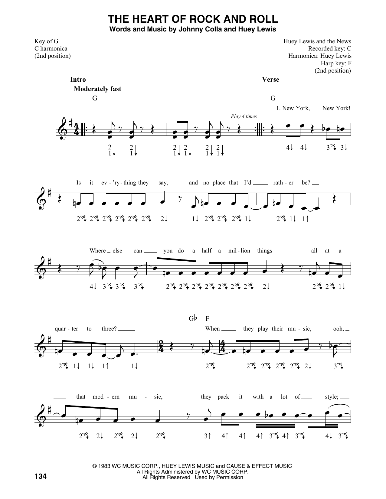 Download Huey Lewis & The News The Heart Of Rock And Roll Sheet Music and learn how to play Harmonica PDF digital score in minutes