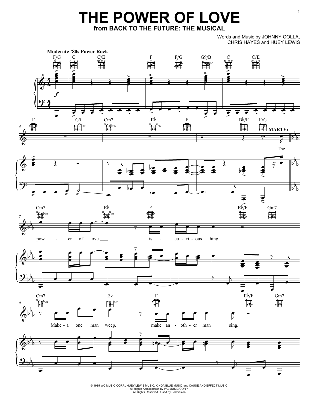 Download Huey Lewis & The News The Power Of Love (from Back To The Future: The Musical) Sheet Music and learn how to play Piano, Vocal & Guitar Chords (Right-Hand Melody) PDF digital score in minutes