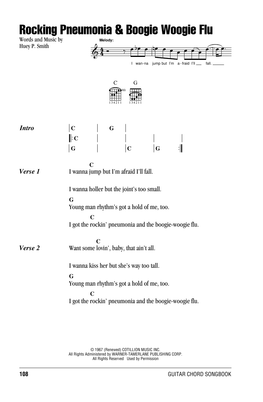 Download Huey P. Smith Rocking Pneumonia & Boogie Woogie Flu Sheet Music and learn how to play Guitar Chords/Lyrics PDF digital score in minutes