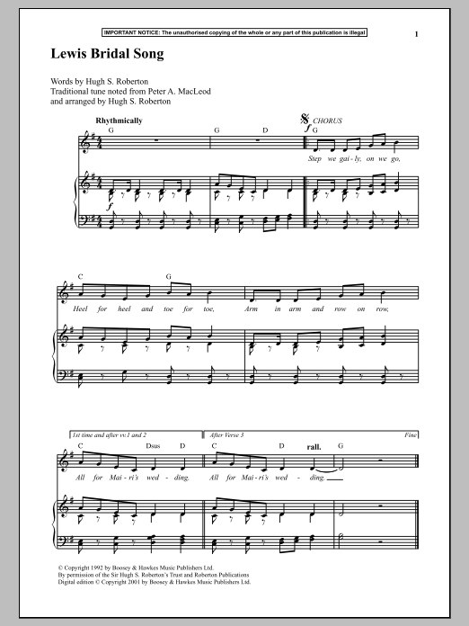 Download Hugh S. Roberton Lewis Bridal Song Sheet Music and learn how to play Piano PDF digital score in minutes