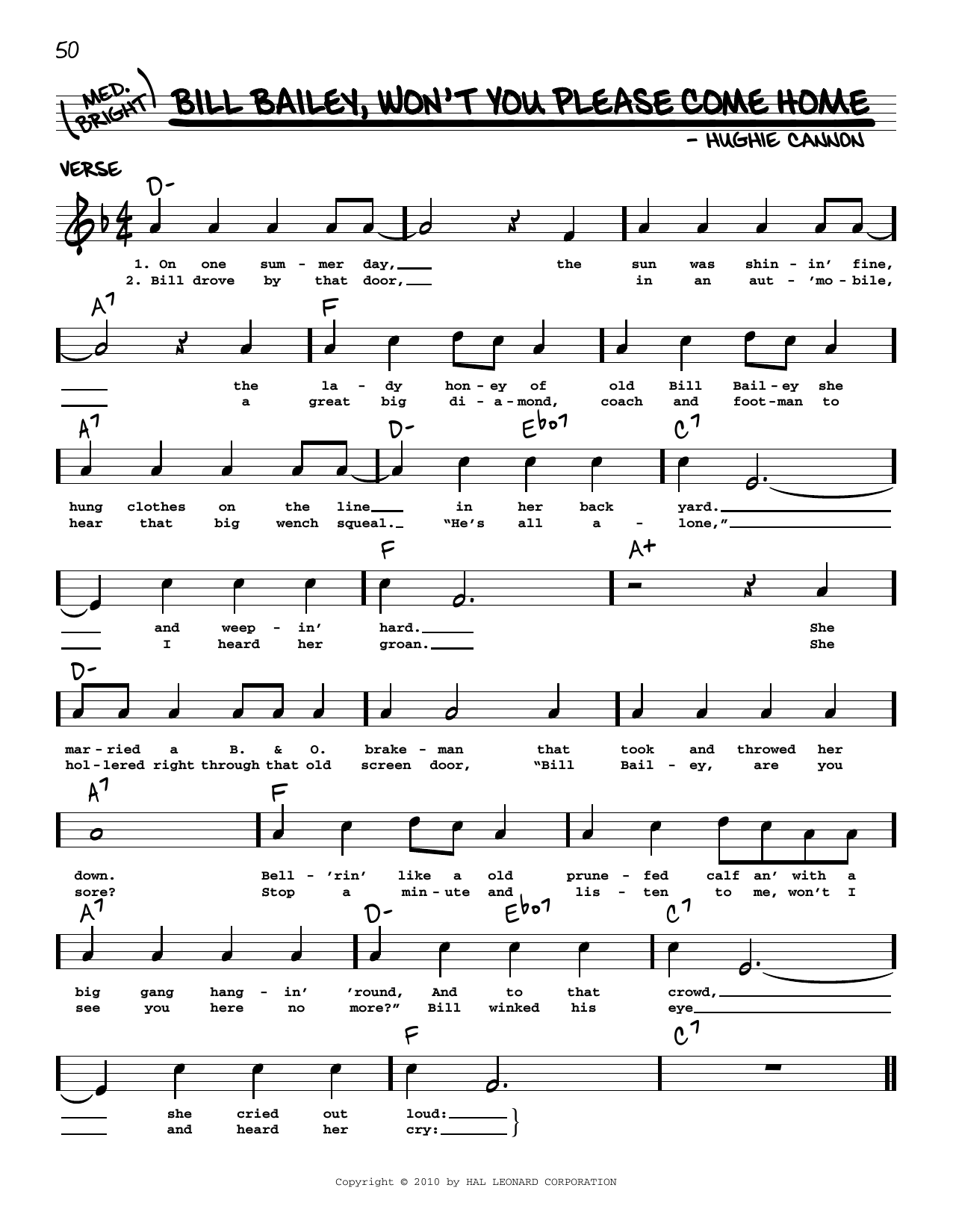 Download Hughie Cannon Bill Bailey, Won't You Please Come Home (arr. Robert Rawlins) Sheet Music and learn how to play Real Book – Melody, Lyrics & Chords PDF digital score in minutes