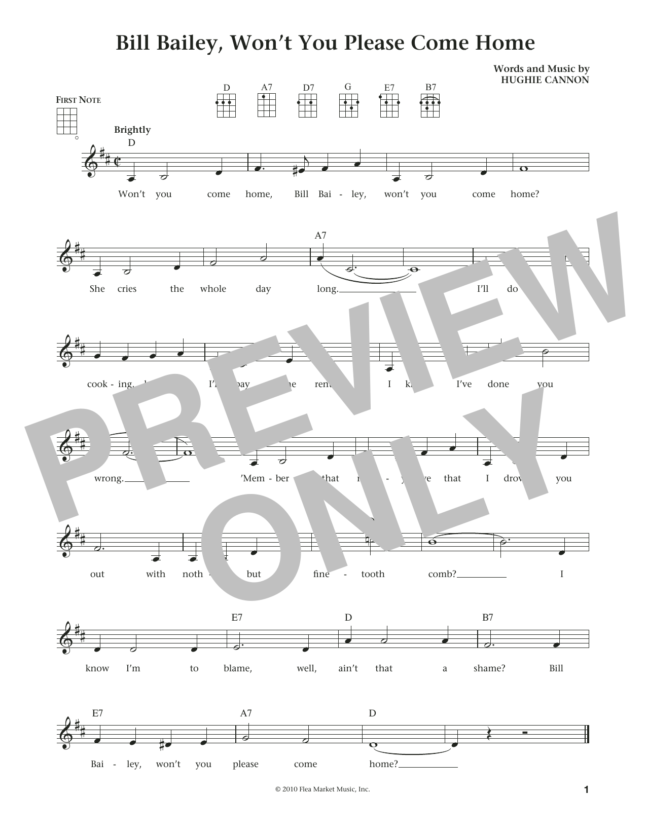 Download Hughie Cannon Bill Bailey, Won't You Please Come Home Sheet Music and learn how to play Ukulele PDF digital score in minutes