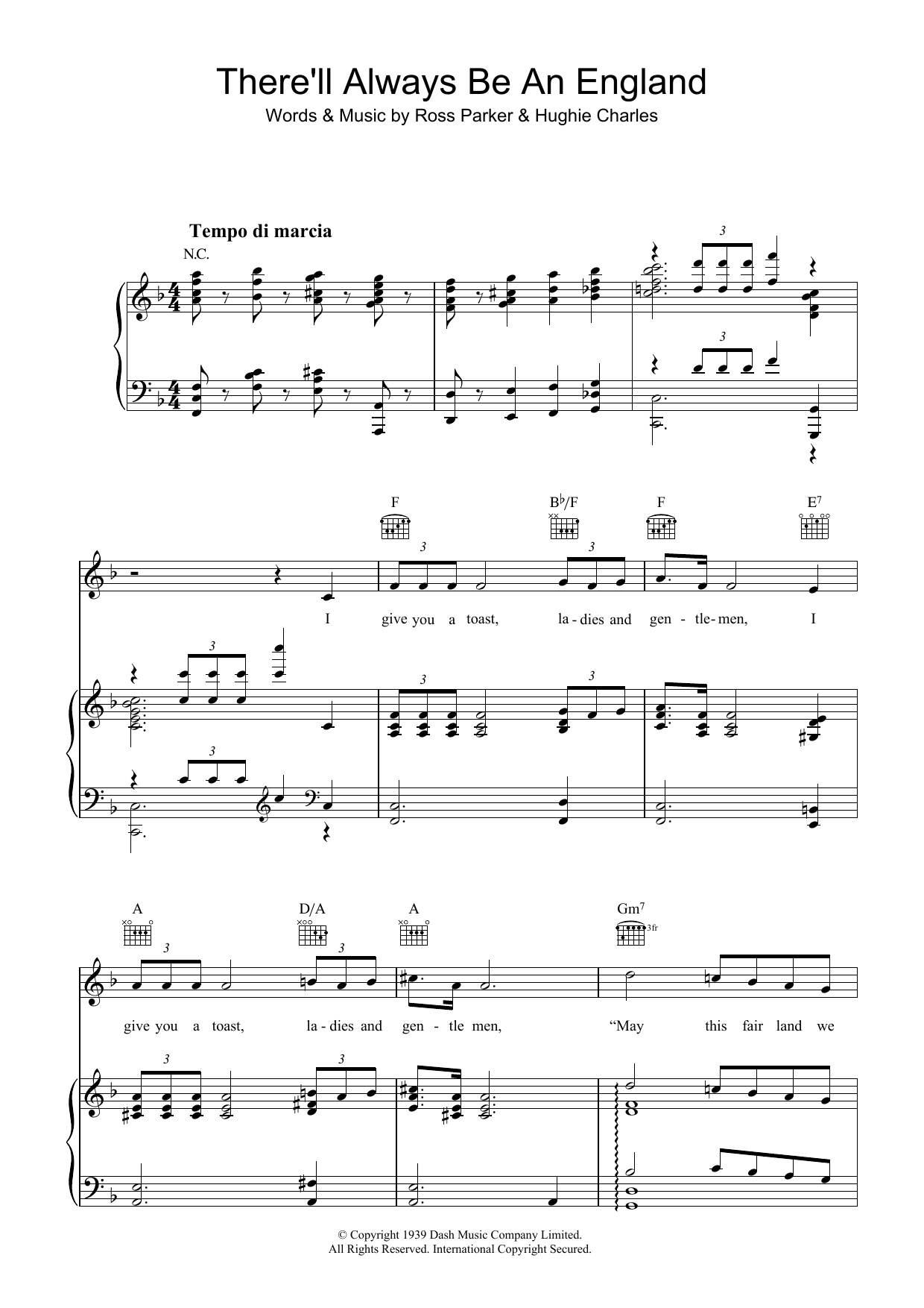 Download Hughie Charles There'll Always Be An England Sheet Music and learn how to play Piano, Vocal & Guitar (Right-Hand Melody) PDF digital score in minutes