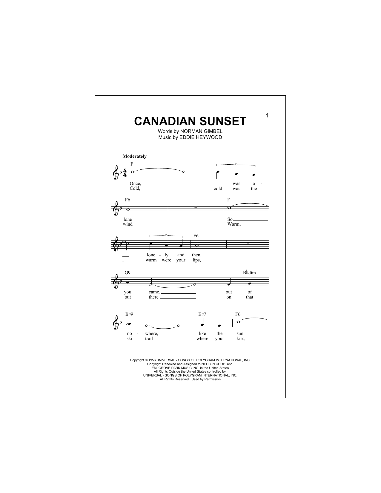 Download Andy Williams Canadian Sunset Sheet Music and learn how to play Melody Line, Lyrics & Chords PDF digital score in minutes