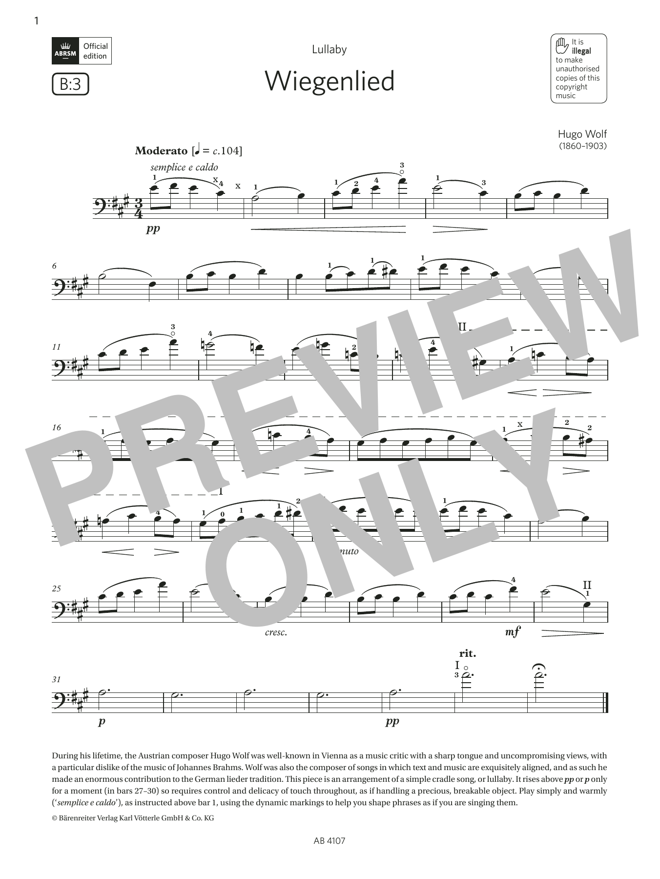 Download Hugo Wolf Wiegenlied (Grade 4, B3, from the ABRSM Cello Syllabus from 2024) Sheet Music and learn how to play Cello Solo PDF digital score in minutes