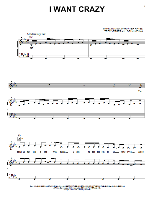 Download Hunter Hayes I Want Crazy Sheet Music and learn how to play Piano, Vocal & Guitar (Right-Hand Melody) PDF digital score in minutes