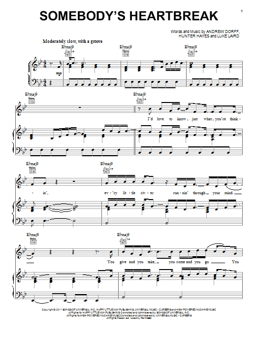 Download Hunter Hayes Somebody's Heartbreak Sheet Music and learn how to play Piano, Vocal & Guitar (Right-Hand Melody) PDF digital score in minutes