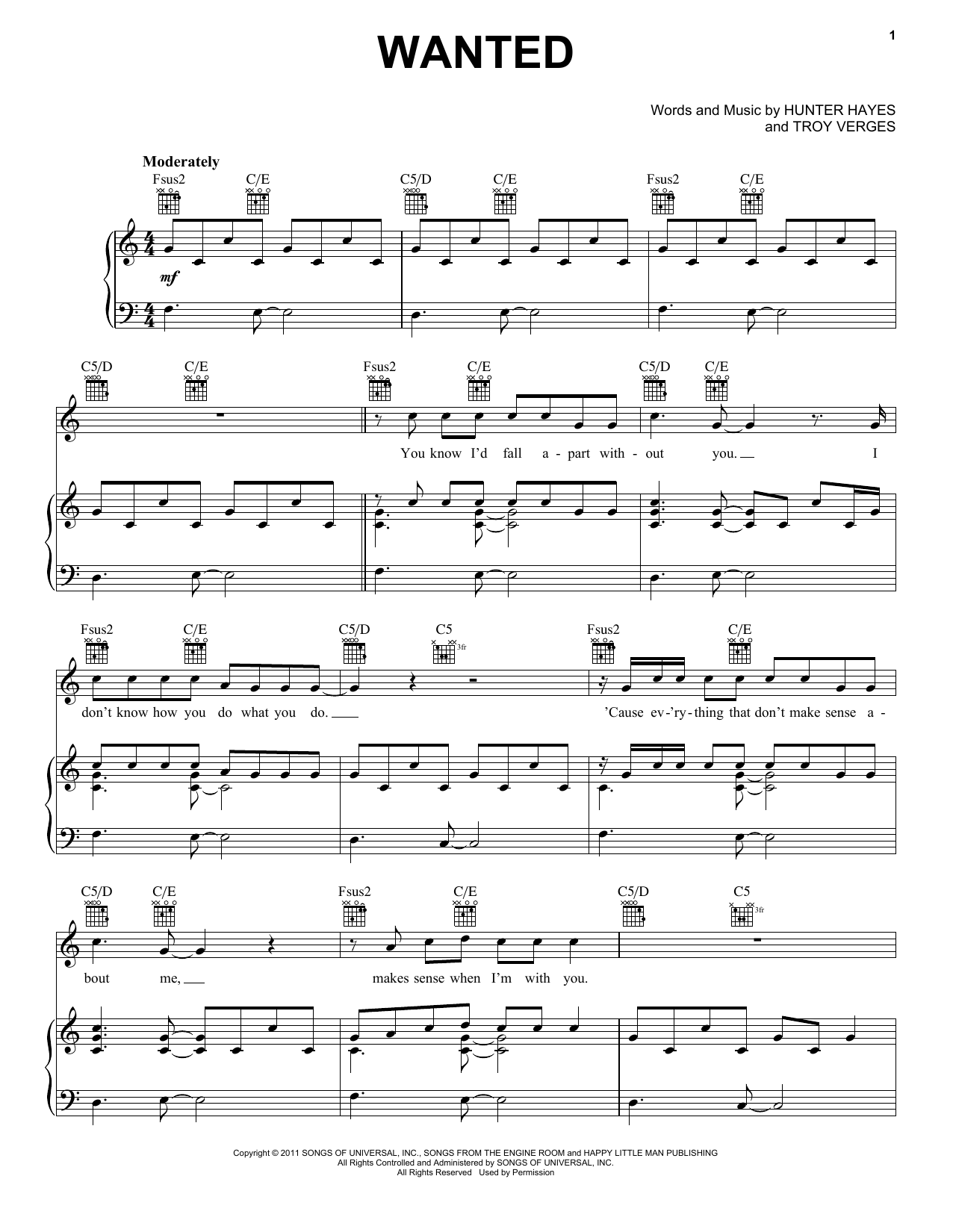 Download Hunter Hayes Wanted Sheet Music and learn how to play Very Easy Piano PDF digital score in minutes
