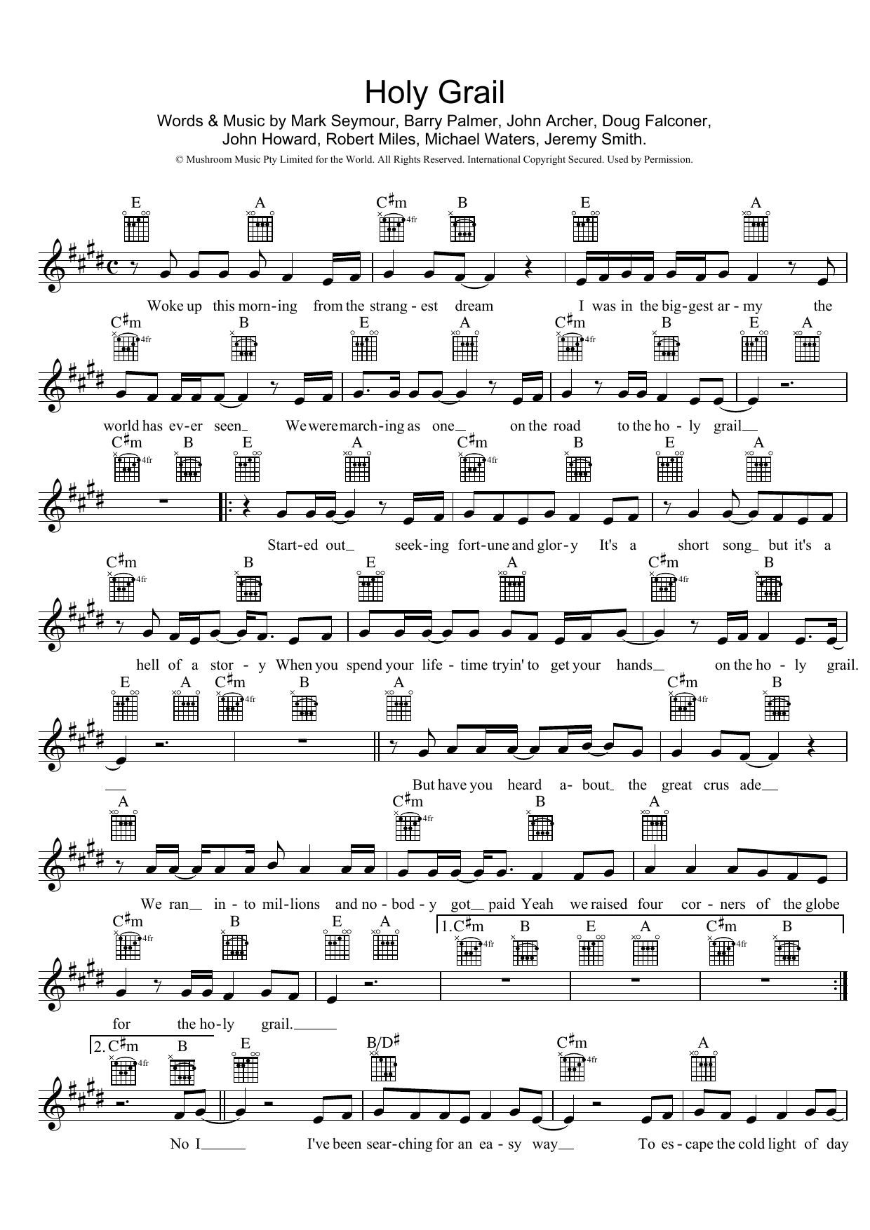 Download Hunters & Collectors Holy Grail Sheet Music and learn how to play Melody Line, Lyrics & Chords PDF digital score in minutes
