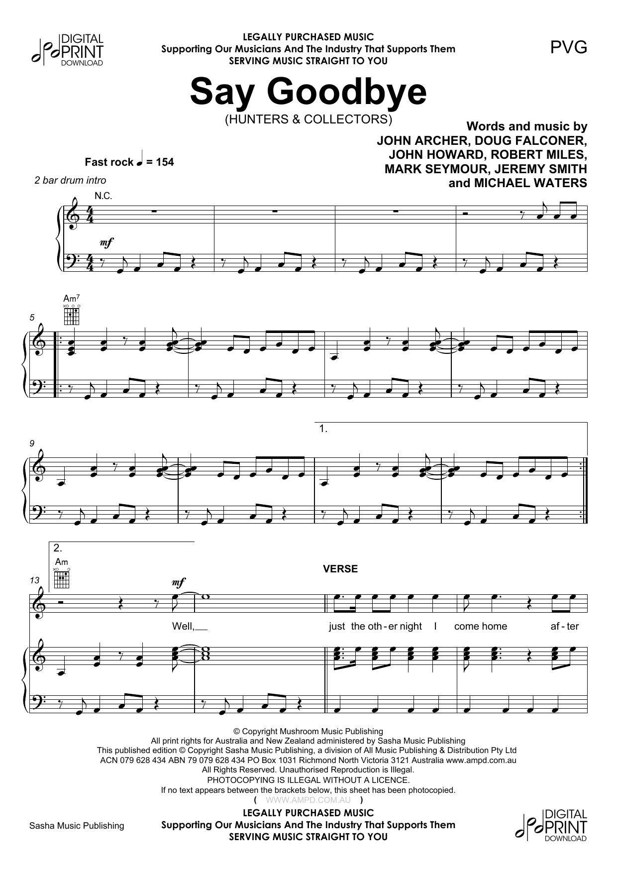 Download Hunters & Collectors Say Goodbye Sheet Music and learn how to play Piano, Vocal & Guitar (Right-Hand Melody) PDF digital score in minutes