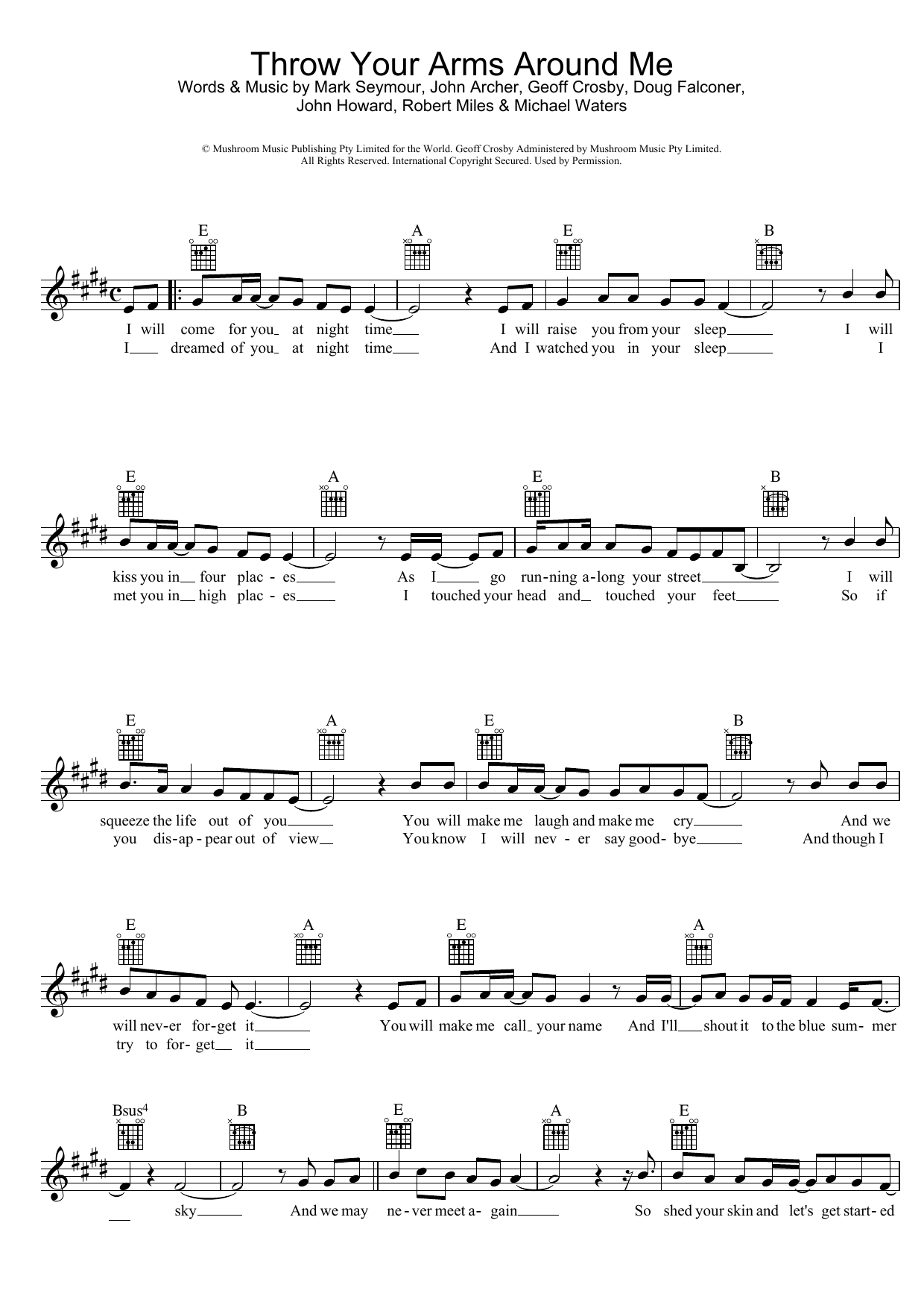 Download Hunters & Collectors Throw Your Arms Around Me Sheet Music and learn how to play Melody Line, Lyrics & Chords PDF digital score in minutes