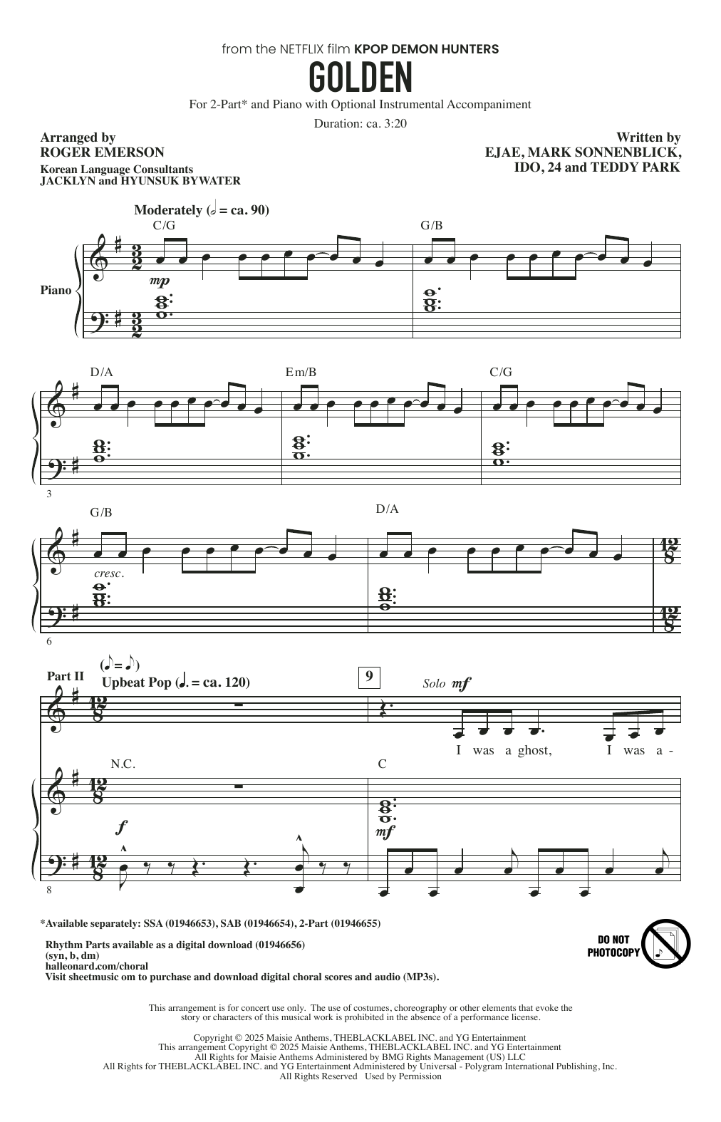 Download Huntr/x (Ejae, Audrey Nuna and Rei Ami) Golden (from KPop Demon Hunters) (arr. Roger Emerson) Sheet Music and learn how to play SAB Choir PDF digital score in minutes
