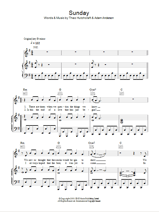 Download Hurts Sunday Sheet Music and learn how to play Piano, Vocal & Guitar (Right-Hand Melody) PDF digital score in minutes