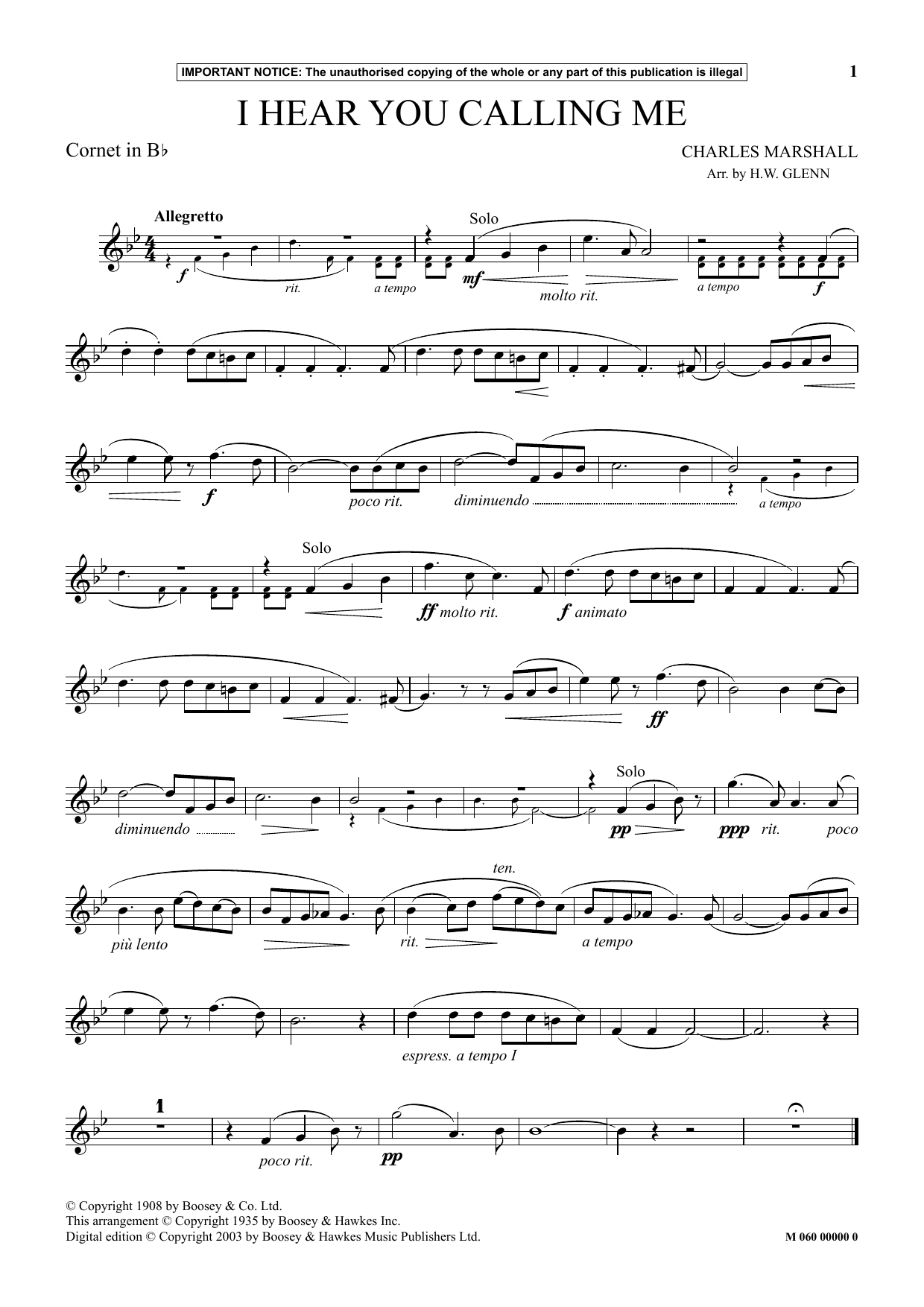Download H.W. Glenn I Hear You Calling Me Sheet Music and learn how to play Instrumental Solo PDF digital score in minutes