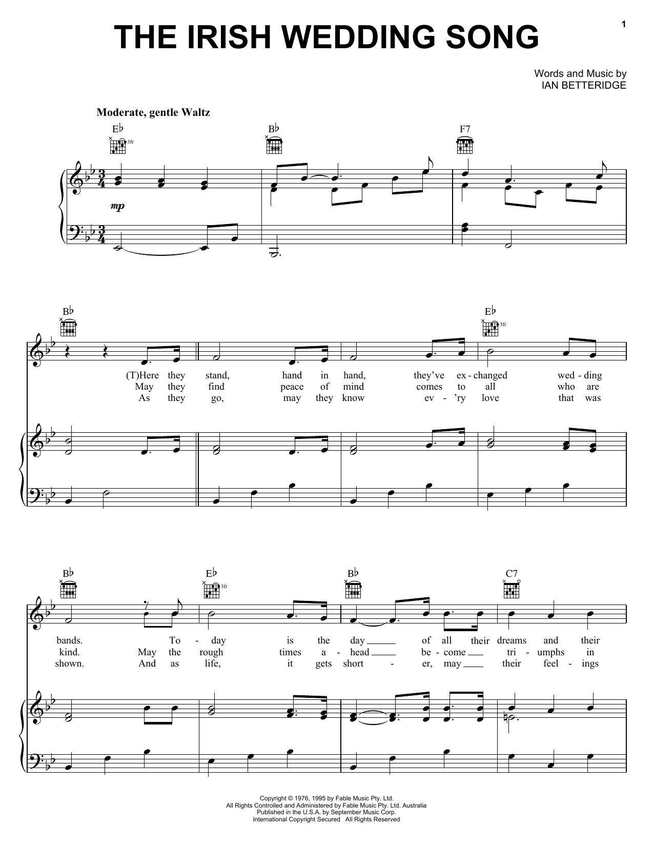 Download Ian Betteridge The Irish Wedding Song Sheet Music and learn how to play Piano, Vocal & Guitar (Right-Hand Melody) PDF digital score in minutes