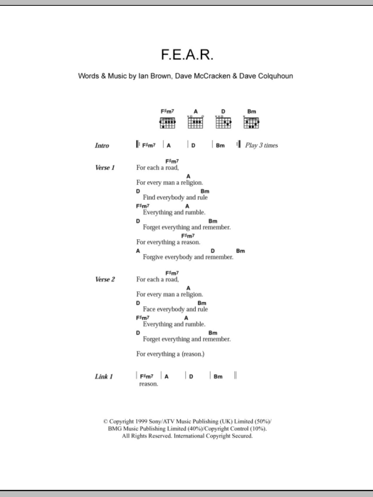 Download Ian Brown F.E.A.R. Sheet Music and learn how to play Lyrics & Chords PDF digital score in minutes