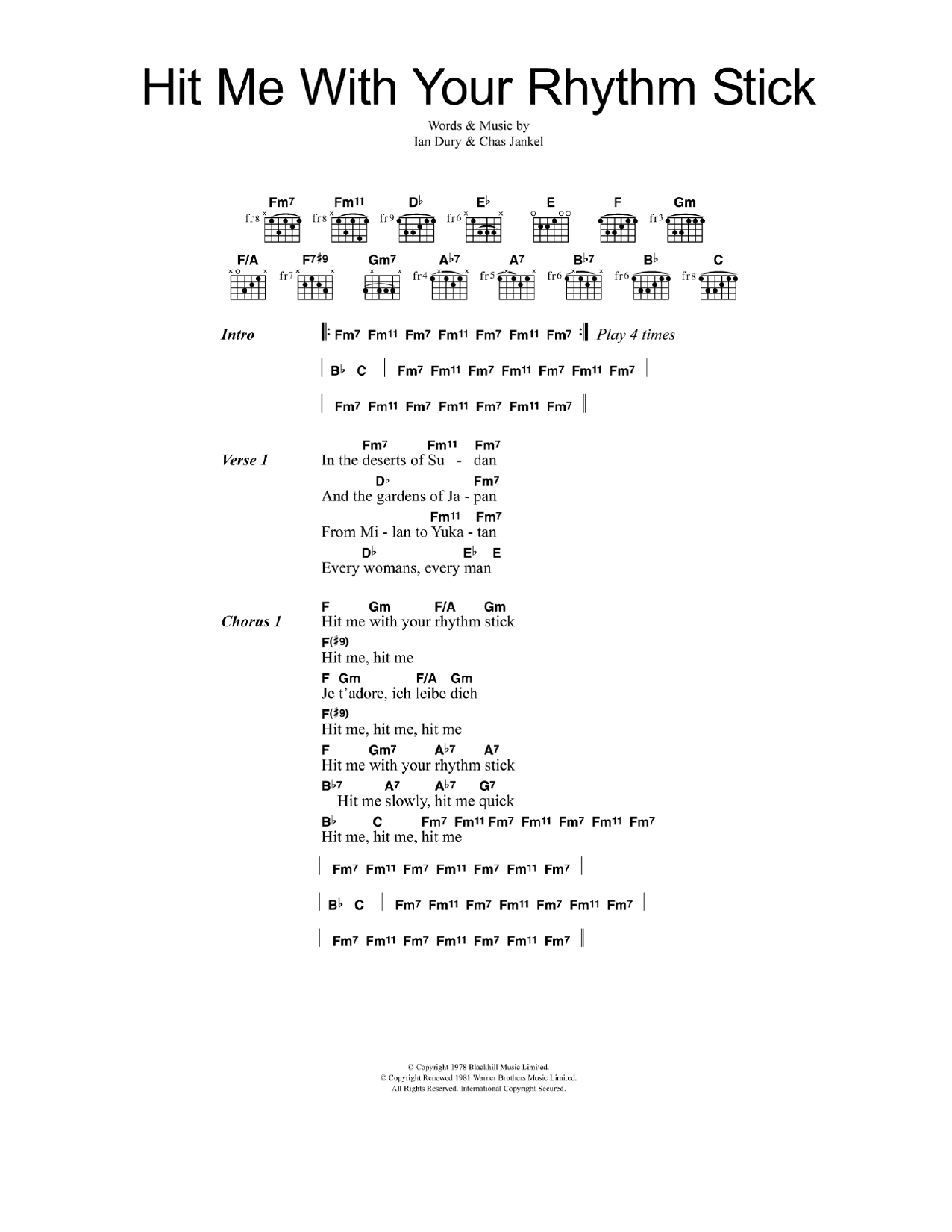 Download Ian Dury & The Blockheads Hit Me With Your Rhythm Stick Sheet Music and learn how to play Guitar Chords/Lyrics PDF digital score in minutes