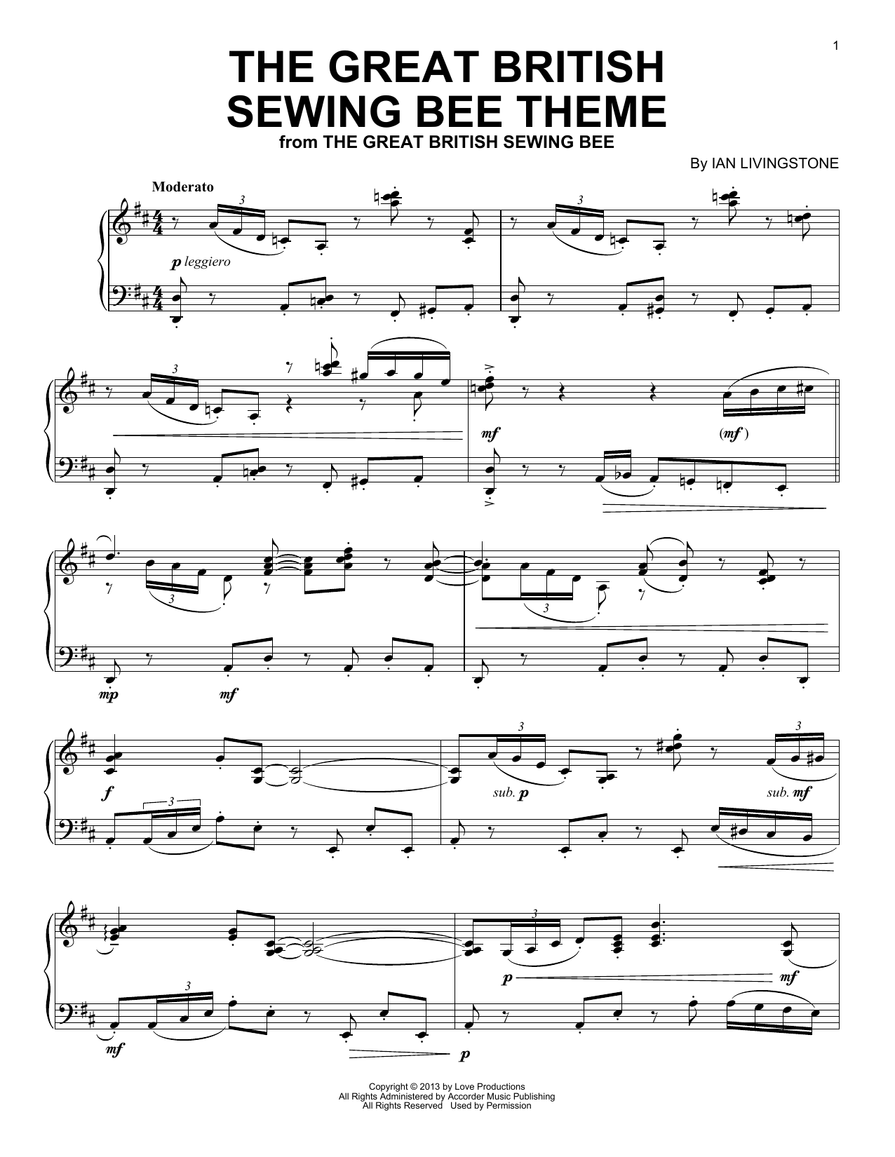 Download Ian Livingstone The Great British Sewing Bee Theme Sheet Music and learn how to play Piano Solo PDF digital score in minutes