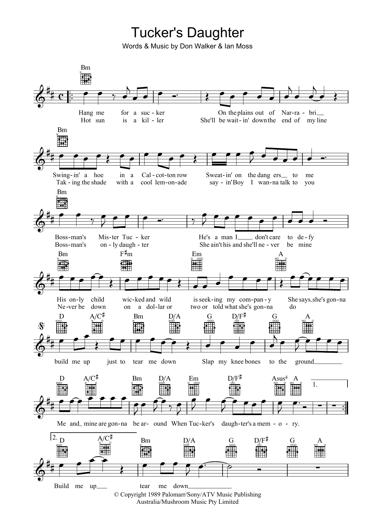 Download Ian Moss Tucker's Daughter Sheet Music and learn how to play Melody Line, Lyrics & Chords PDF digital score in minutes