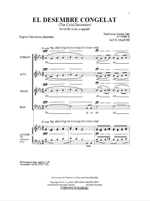 Download Traditional El Desembre Congelat (arr. Ian R. Charter) Sheet Music and learn how to play SATB PDF digital score in minutes