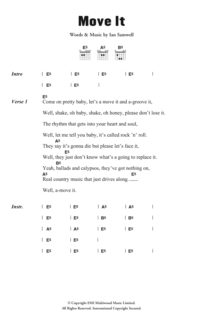 Download Cliff Richard & The Drifters Move It Sheet Music and learn how to play Lyrics & Chords PDF digital score in minutes