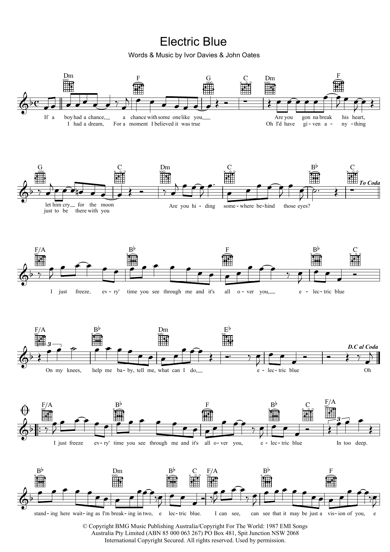 Download Icehouse Electric Blue Sheet Music and learn how to play Melody Line, Lyrics & Chords PDF digital score in minutes