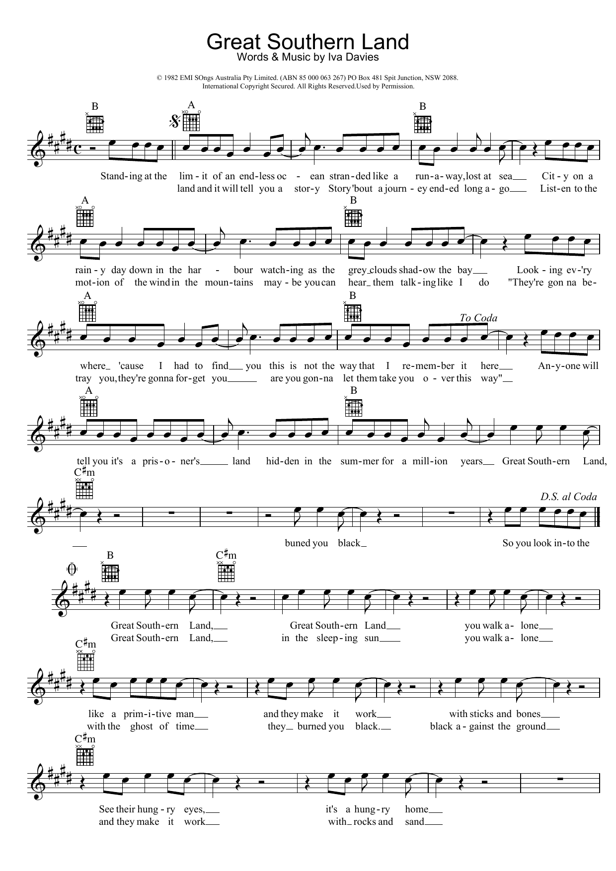 Download Icehouse Great Southern Land Sheet Music and learn how to play Melody Line, Lyrics & Chords PDF digital score in minutes