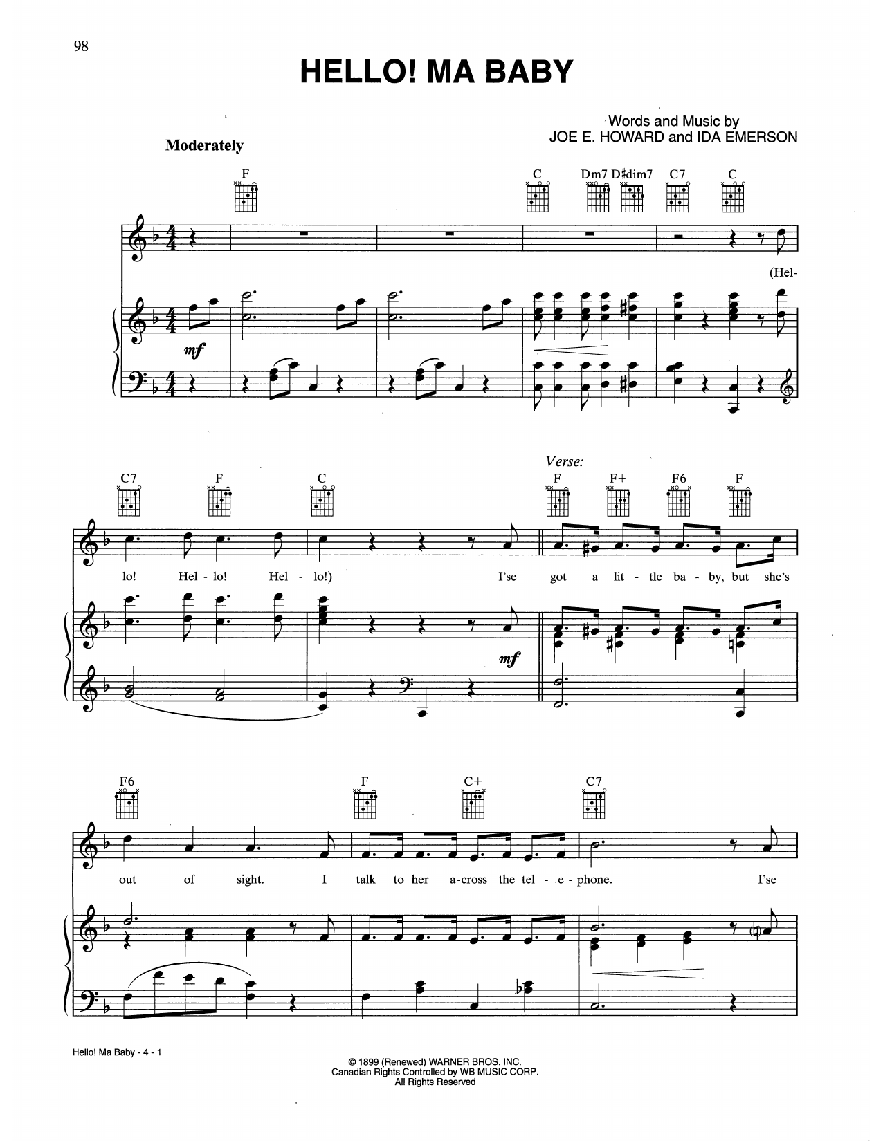 Download Ida Emerson Hello! Ma Baby Sheet Music and learn how to play Piano, Vocal & Guitar Chords (Right-Hand Melody) PDF digital score in minutes