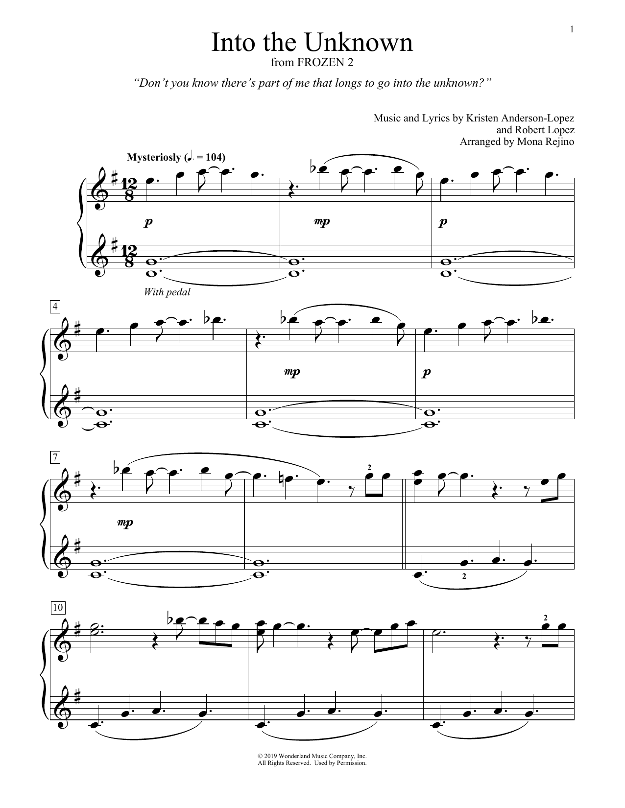 Download Idina Menzel and AURORA Into The Unknown (from Disney's Frozen 2) (arr. Mona Rejino) Sheet Music and learn how to play Educational Piano PDF digital score in minutes