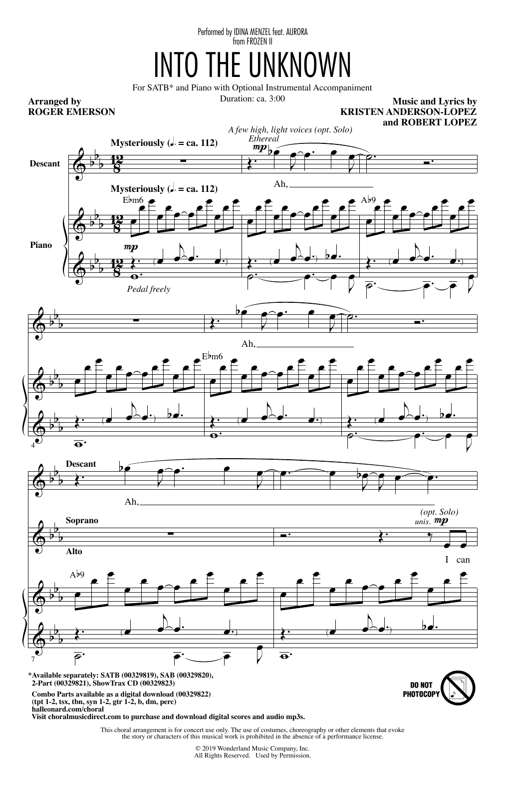 Download Idina Menzel and AURORA Into The Unknown (from Disney's Frozen 2) (arr. Roger Emerson) Sheet Music and learn how to play 2-Part Choir PDF digital score in minutes