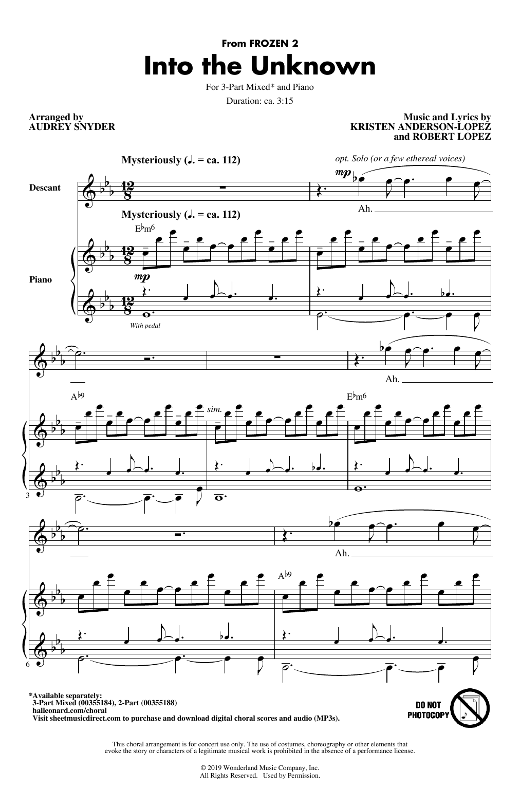 Download Idina Menzel and AURORA Into The Unknown (from Frozen 2) (arr. Audrey Snyder) Sheet Music and learn how to play 2-Part Choir PDF digital score in minutes