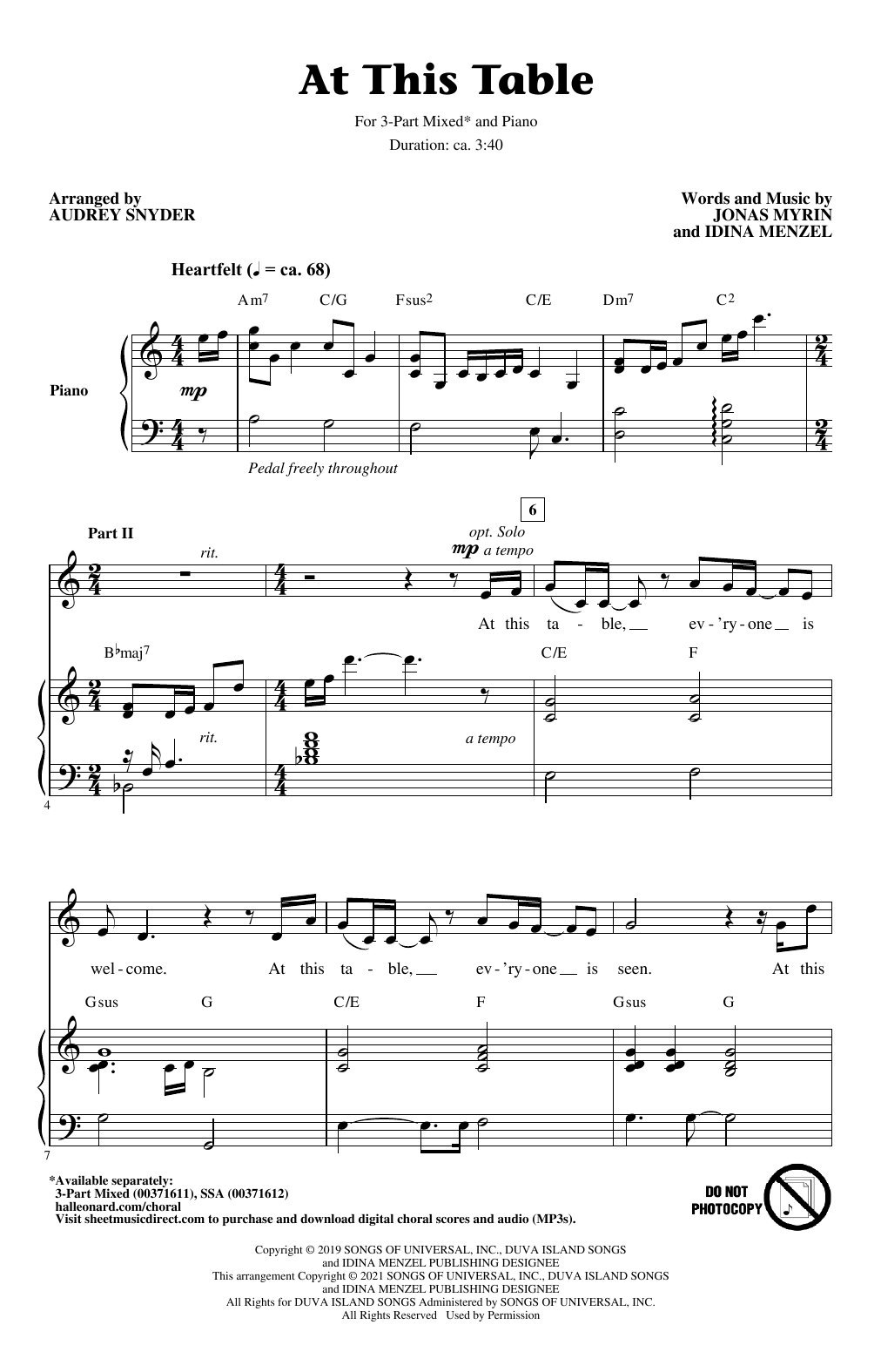 Download Idina Menzel At This Table (arr. Audrey Snyder) Sheet Music and learn how to play SSA Choir PDF digital score in minutes