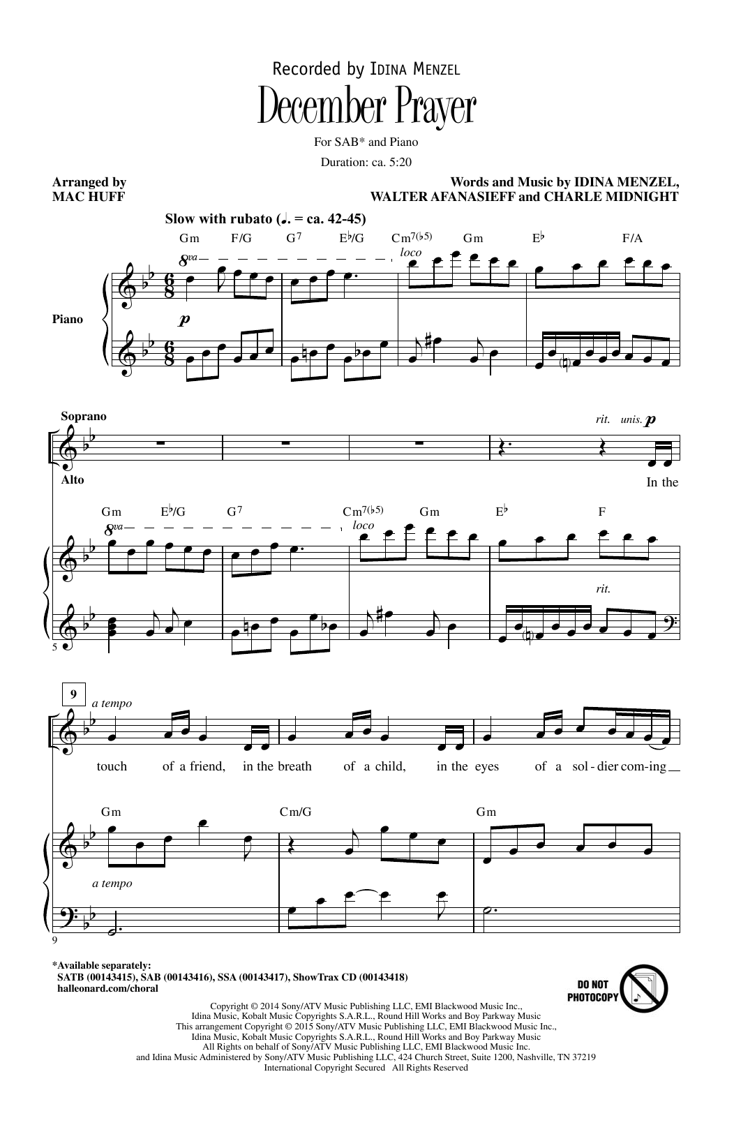 Download Idina Menzel December Prayer (arr. Mac Huff) Sheet Music and learn how to play SAB PDF digital score in minutes