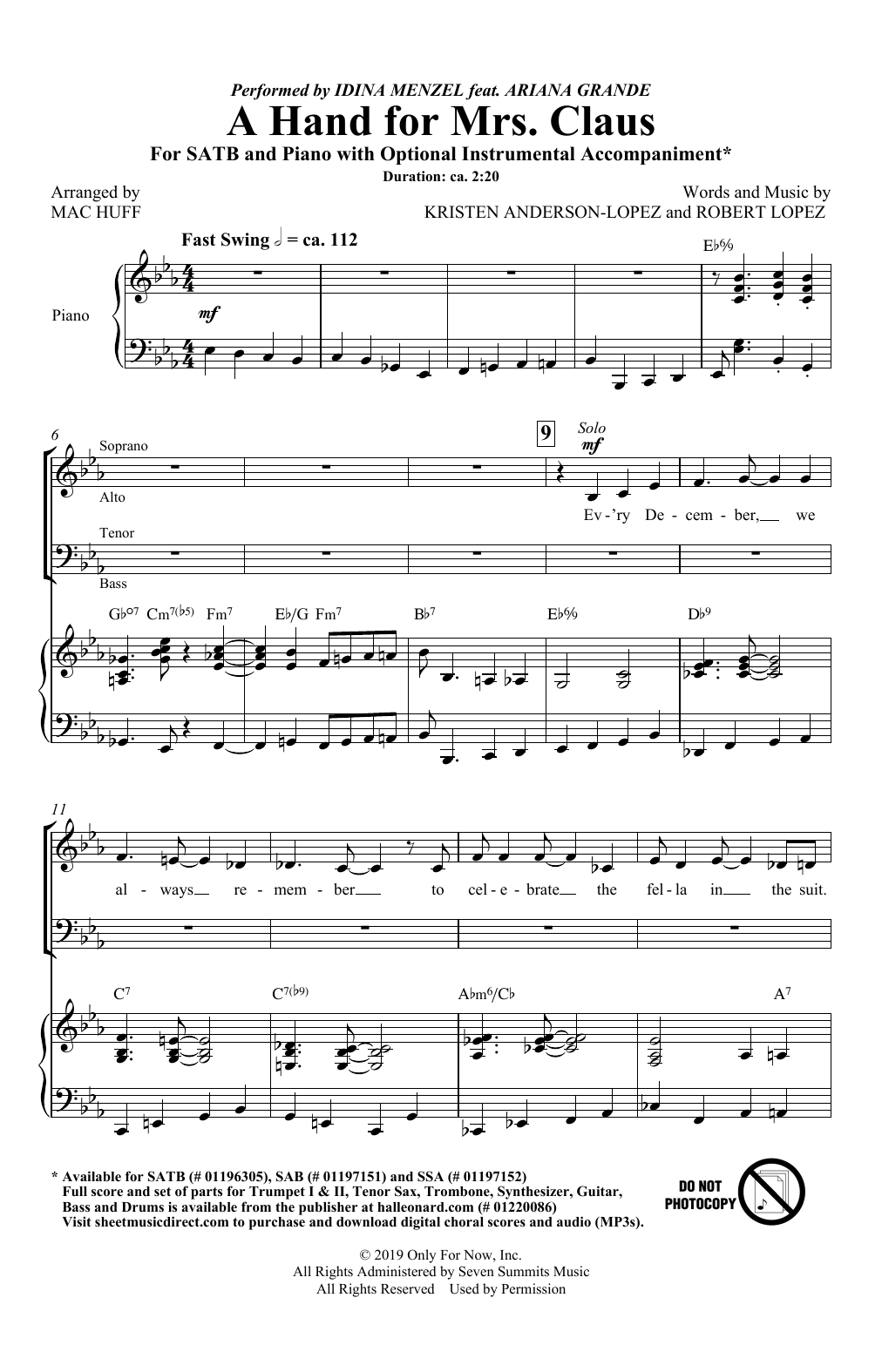 Download Idina Menzel feat. Ariana Grande A Hand For Mrs. Claus (arr. Mac Huff) Sheet Music and learn how to play SATB Choir PDF digital score in minutes