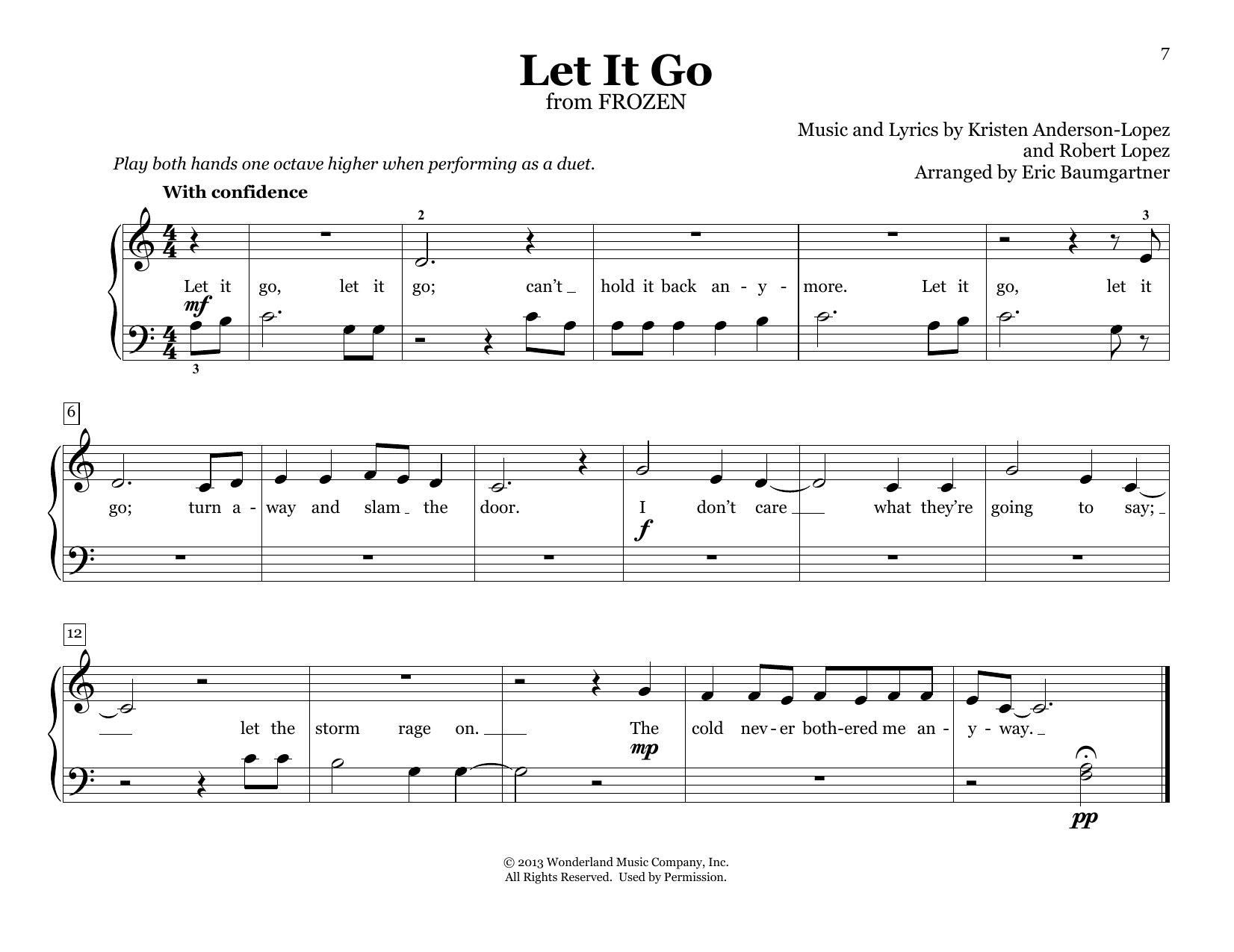 Download Idina Menzel Let It Go (from Frozen) (arr. Eric Baumgartner) Sheet Music and learn how to play Piano Duet PDF digital score in minutes