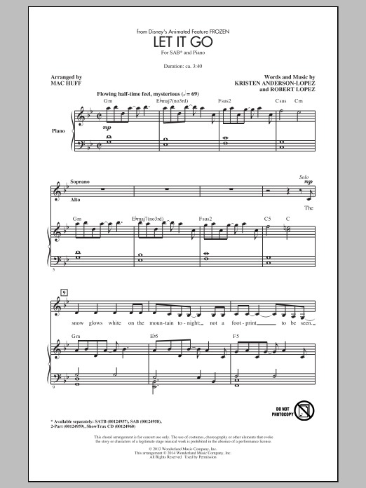 Download Idina Menzel Let It Go (from Frozen) (arr. Mac Huff) Sheet Music and learn how to play SAB PDF digital score in minutes