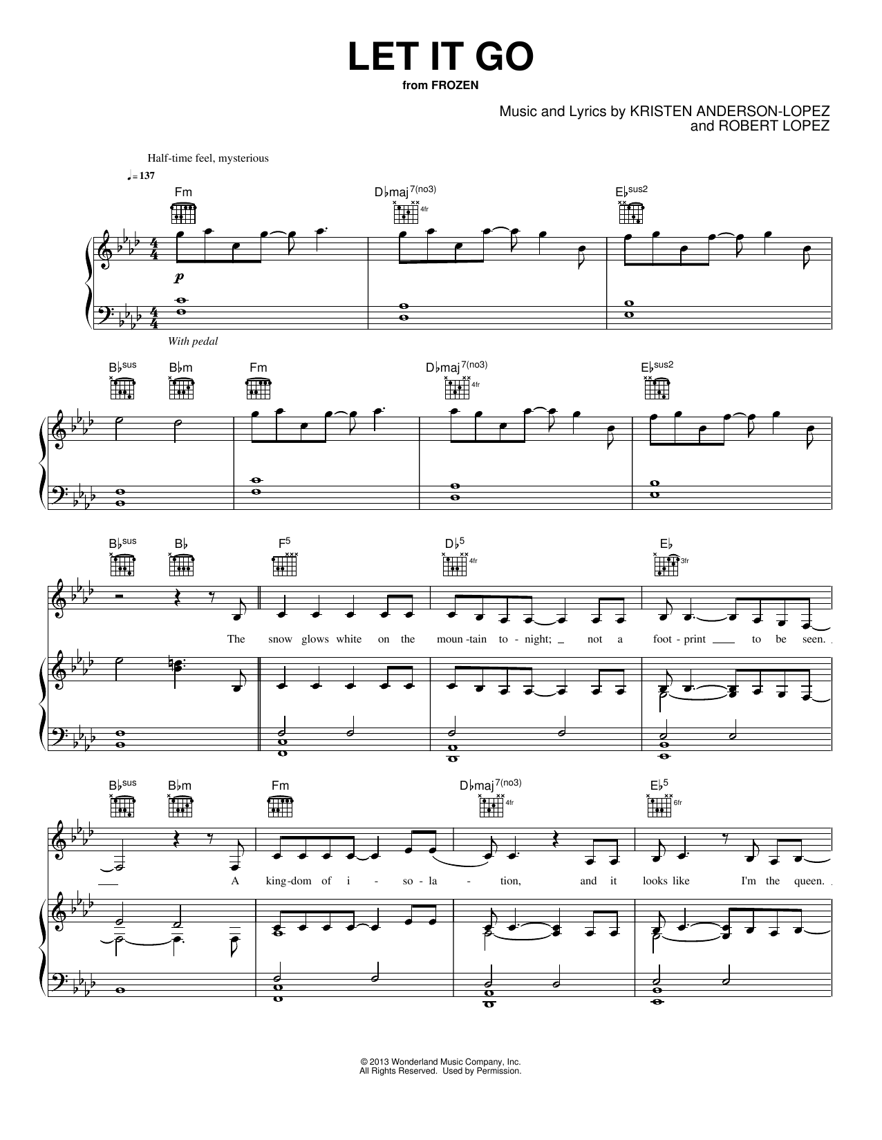 Download Idina Menzel Let It Go Sheet Music and learn how to play Piano, Vocal & Guitar Chords (Right-Hand Melody) PDF digital score in minutes