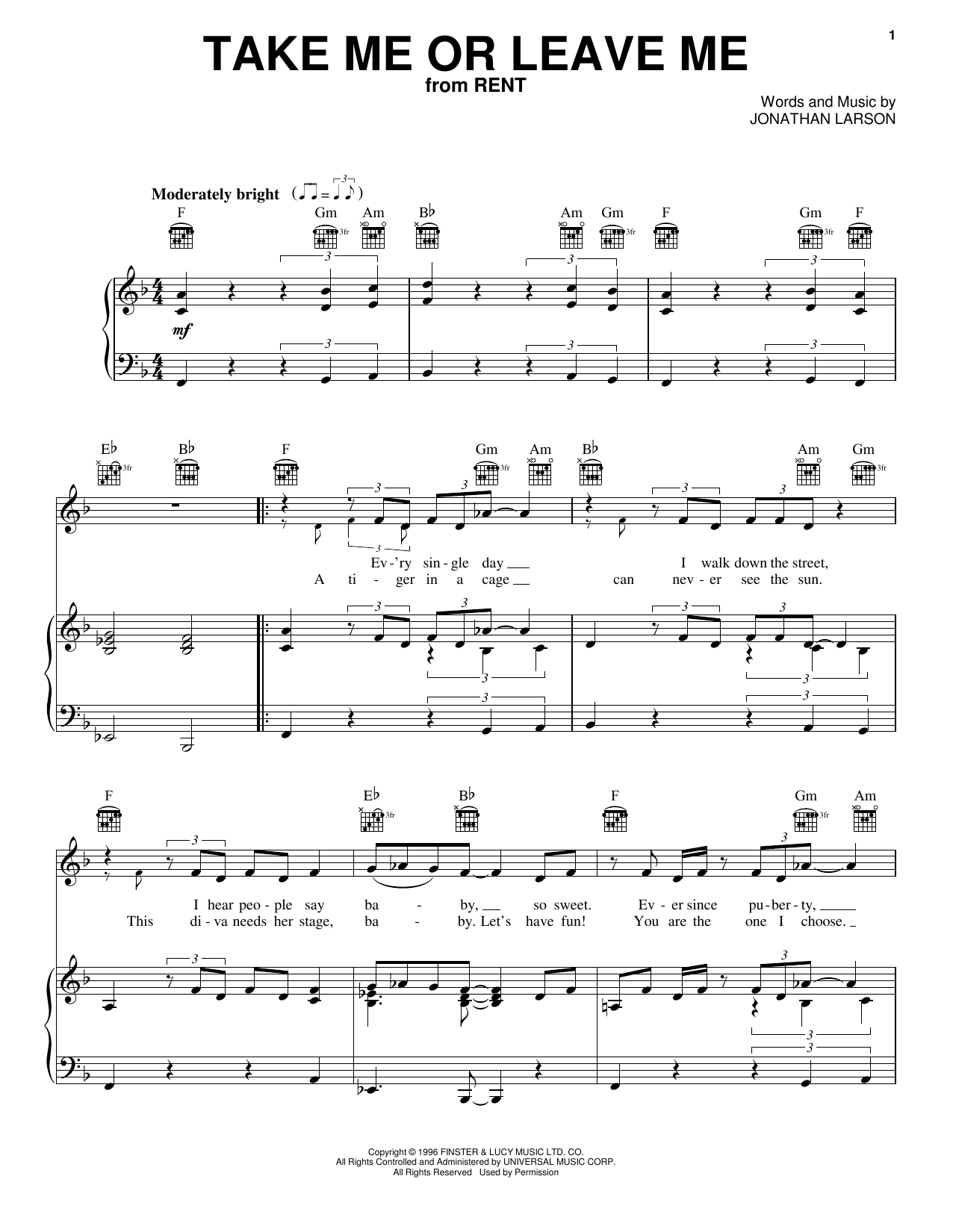 Download Idina Menzel Take Me Or Leave Me Sheet Music and learn how to play Piano, Vocal & Guitar (Right-Hand Melody) PDF digital score in minutes