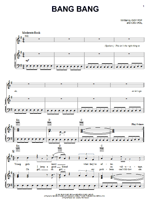 Download Iggy Pop Bang Bang Sheet Music and learn how to play Piano, Vocal & Guitar (Right-Hand Melody) PDF digital score in minutes