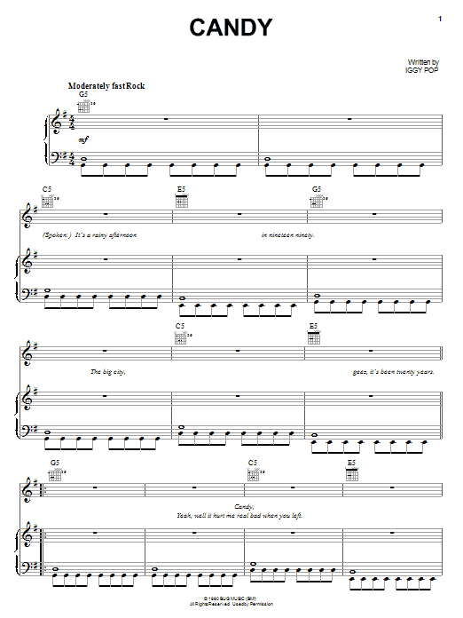 Download Iggy Pop Candy Sheet Music and learn how to play Piano, Vocal & Guitar (Right-Hand Melody) PDF digital score in minutes