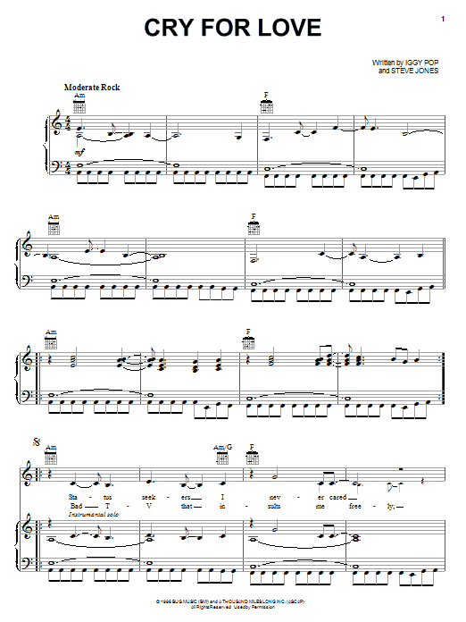Download Iggy Pop Cry For Love Sheet Music and learn how to play Piano, Vocal & Guitar (Right-Hand Melody) PDF digital score in minutes