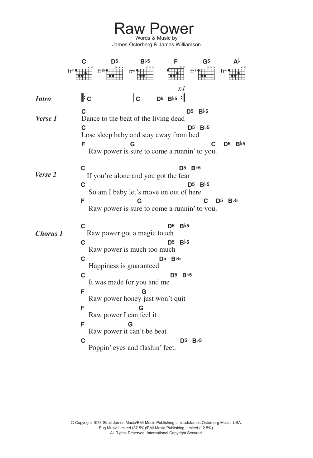 Download Iggy Pop Raw Power Sheet Music and learn how to play Lyrics & Chords PDF digital score in minutes