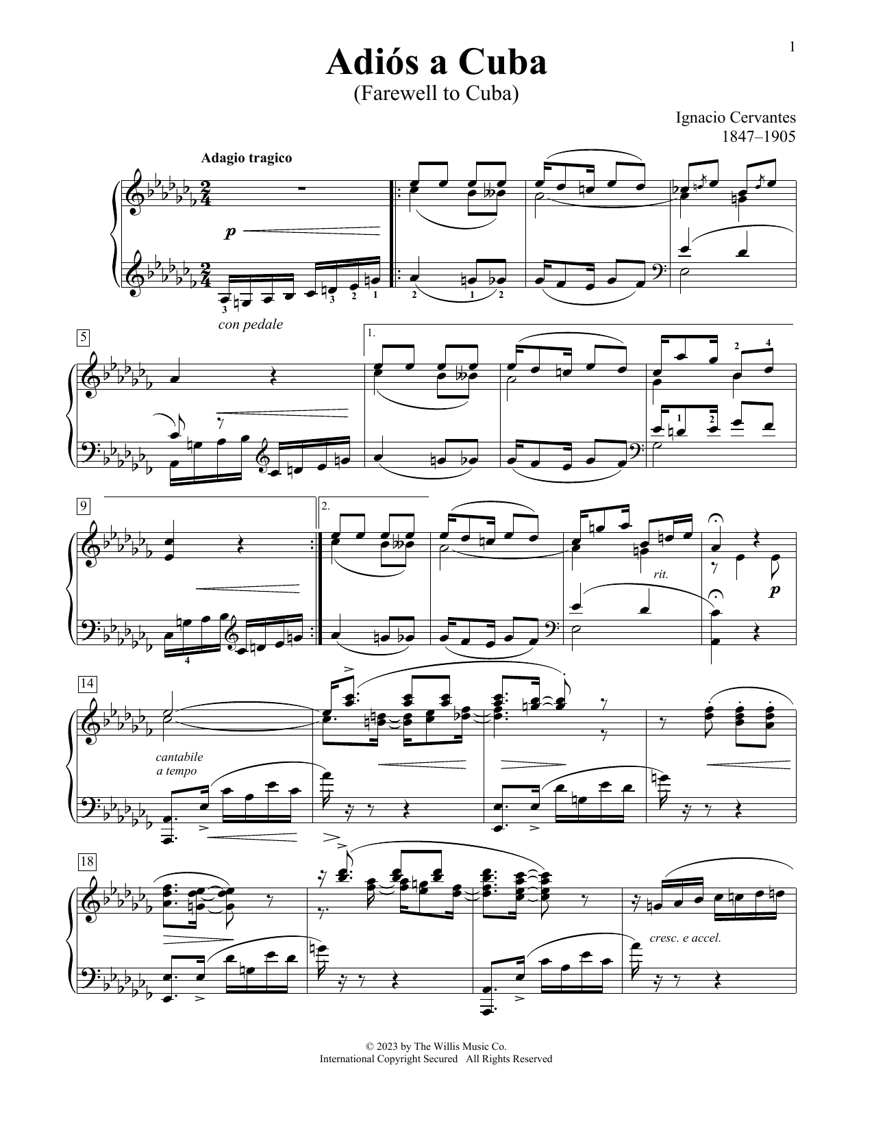 Download Ignacio Cervantes Adios A Cuba (Farewell To Cuba) Sheet Music and learn how to play Educational Piano PDF digital score in minutes