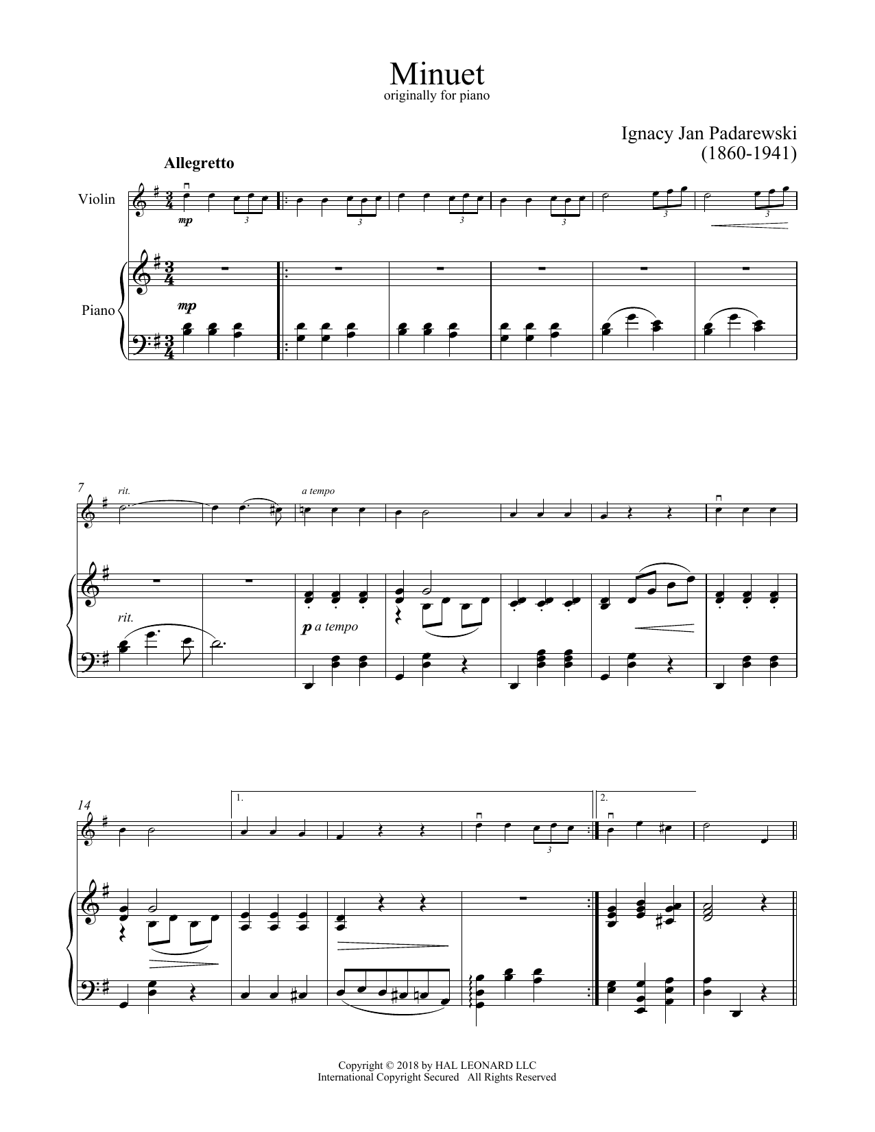Download Ignacy Jan Padarewski Minuet In G Sheet Music and learn how to play Violin and Piano PDF digital score in minutes