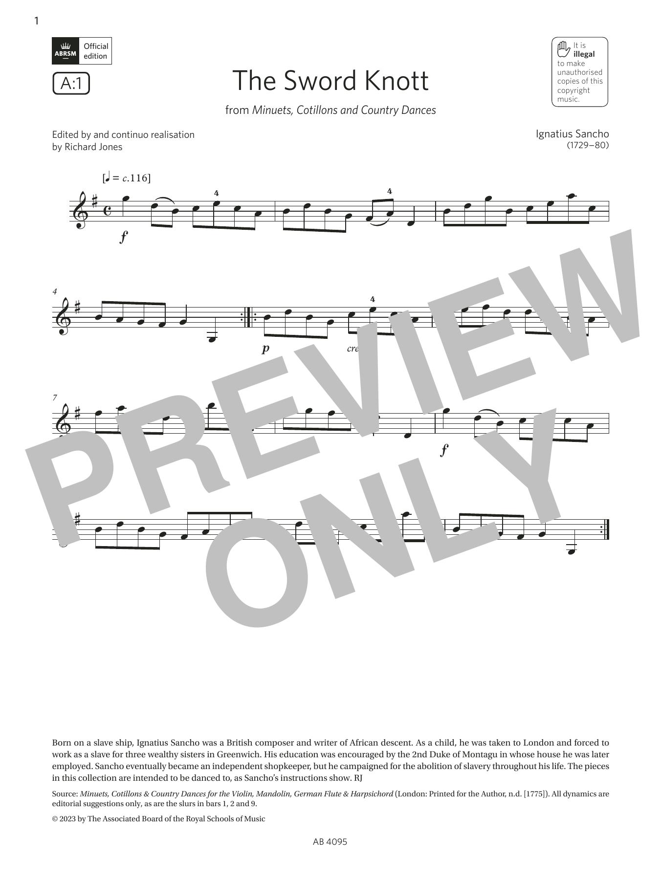 Download Ignatius Sancho The Sword Knott (Grade 1, A1, from the ABRSM Violin Syllabus from 2024) Sheet Music and learn how to play Violin Solo PDF digital score in minutes