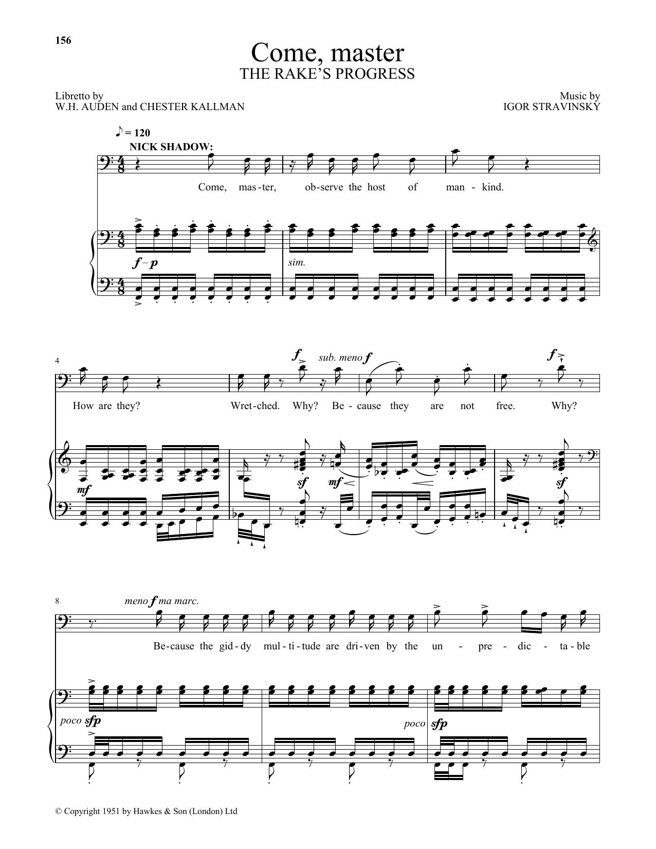 Download Igor Stravinsky Come, master (from The Rake's Progress) Sheet Music and learn how to play Piano & Vocal PDF digital score in minutes