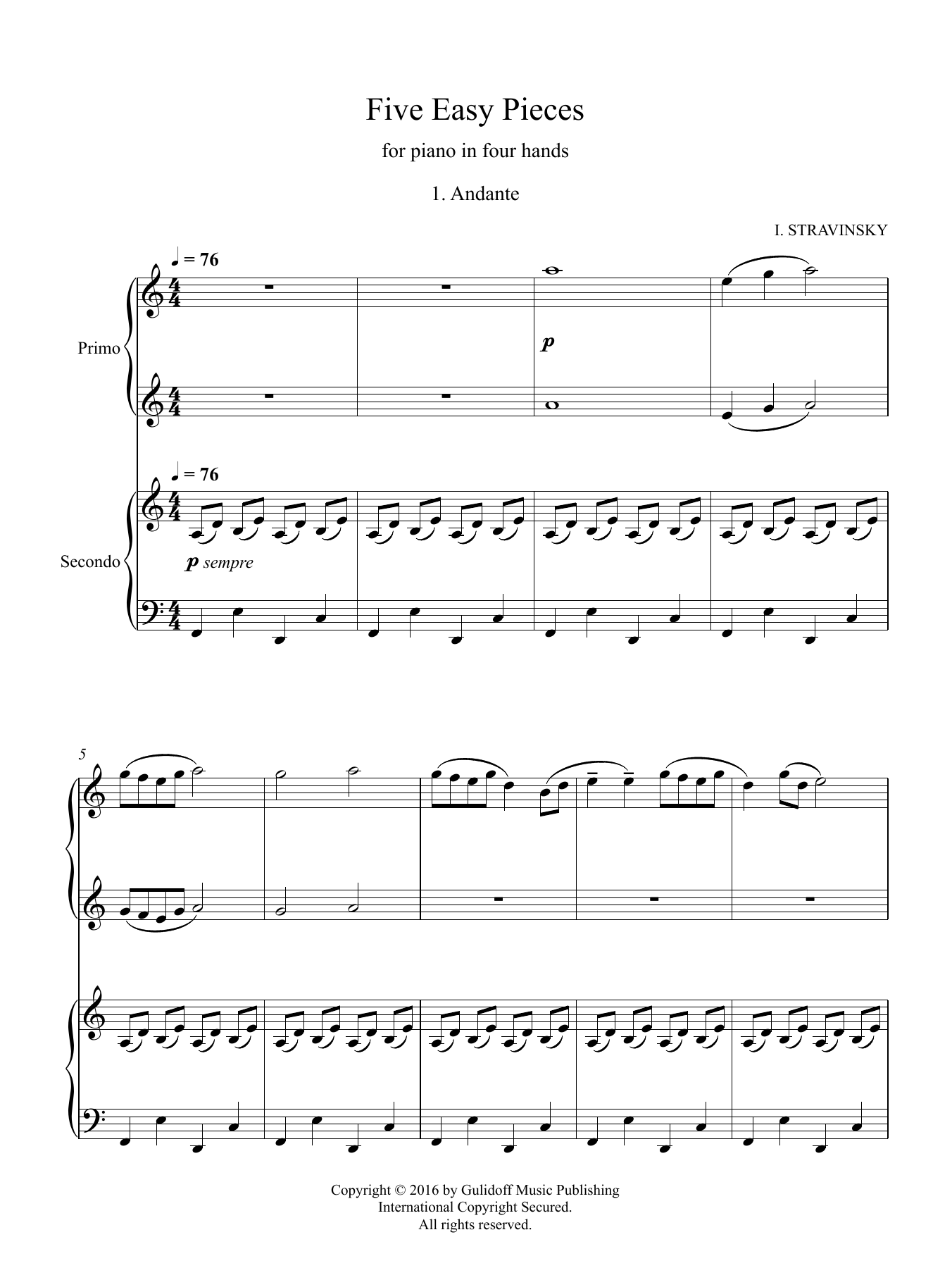 Download Igor Stravinsky Five Easy Pieces for piano in four hands, No. 1: Andante Sheet Music and learn how to play Piano Duet PDF digital score in minutes