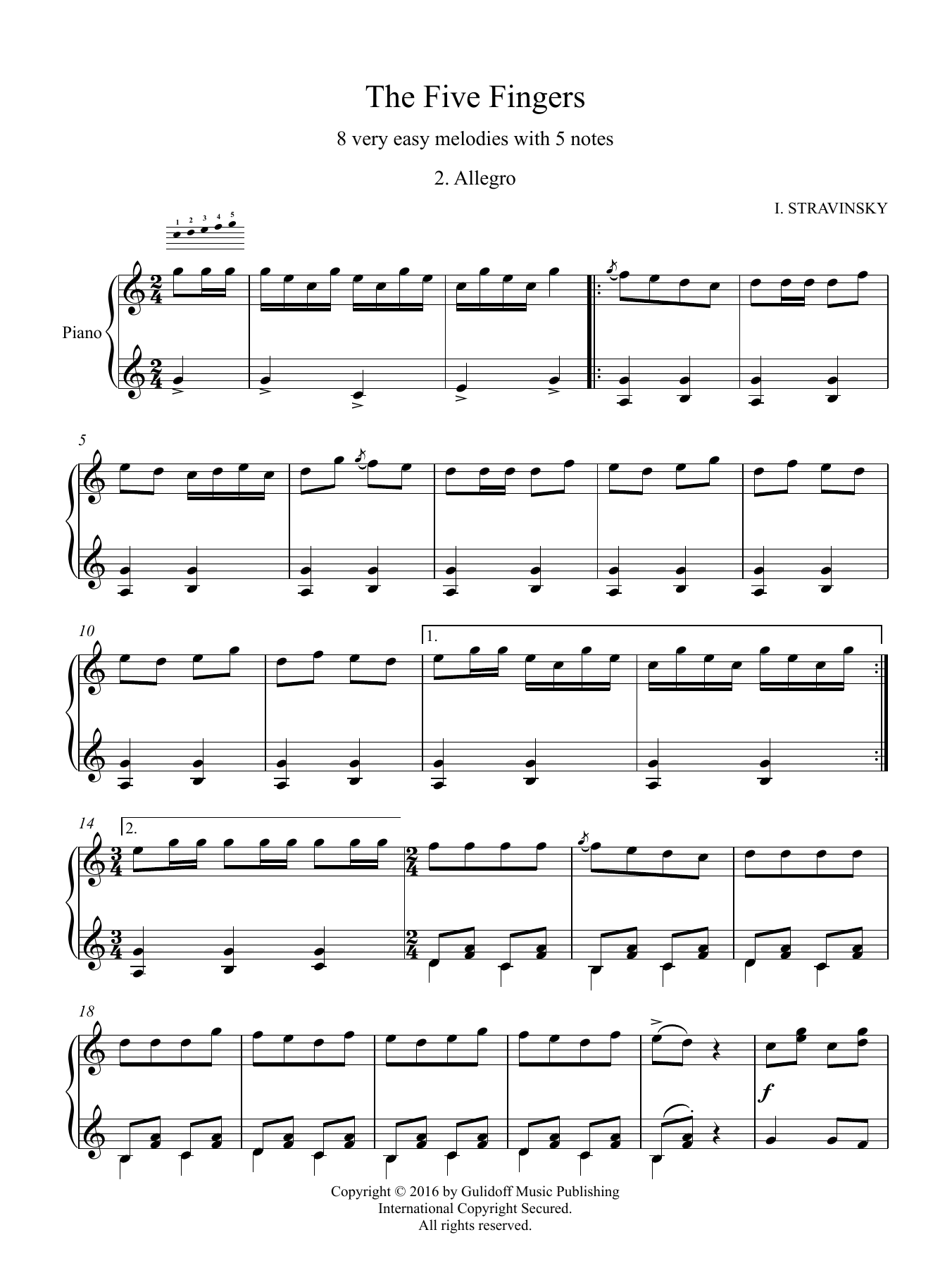 Download Igor Stravinsky Five Fingers: 2. Allegro Sheet Music and learn how to play Piano Solo PDF digital score in minutes